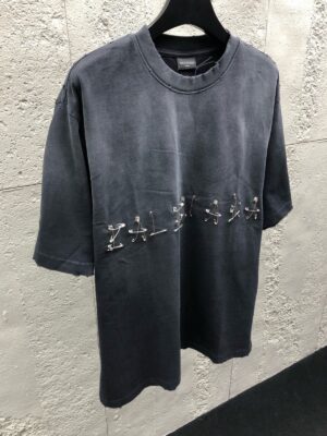 발렌시아가 빈티지 워싱 로고 자수 반팔 티셔츠 Ceo291 - 이미지 4