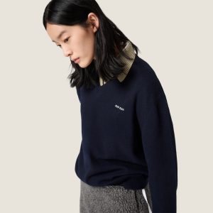 미우미* 여성 배색 칼라 브이넥 니트 폴로 셔츠 MJL019 S000 18RW - 이미지 3