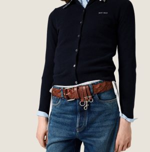 미우미* 체크 칼라 로고 자수 코튼 가디건 66ST8801 - 이미지 4