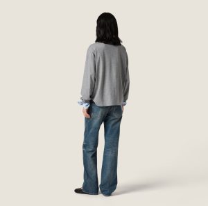 미우미* 로고 자수 배색 라운드넥 긴팔 티셔츠 66ST896 - 이미지 4